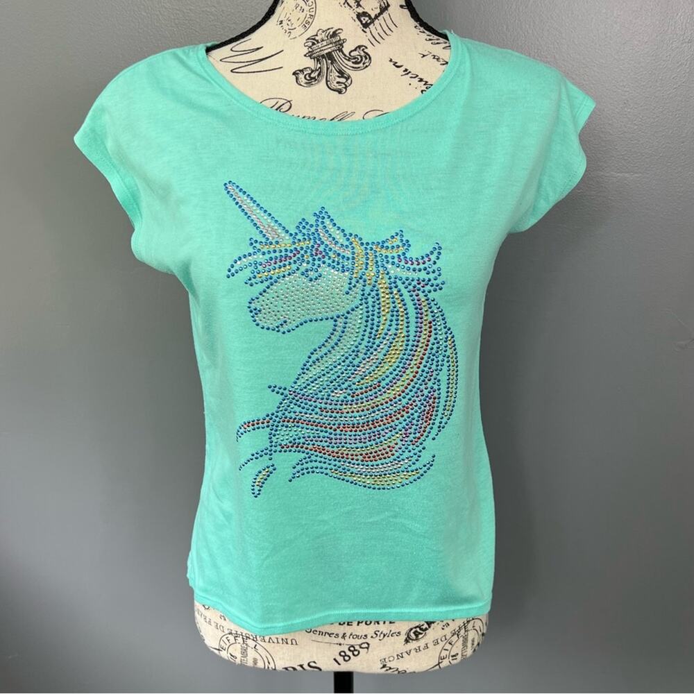 So kids light blue bedazzled rainbow unicorn short sleeve shirt